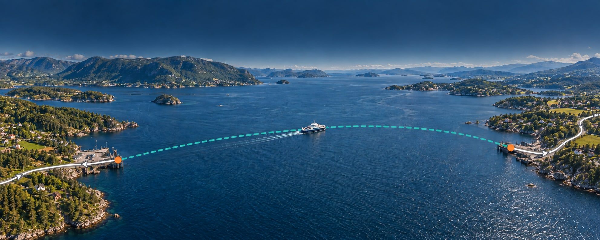 Luftfoto av en ferjeovergang: veien ned til kaia, ferja midt på fjorden med overfarten tegnet som en stiplet linje, og kaia og veien videre på andre siden. Tallene 01 til 04 markerer fasene under.