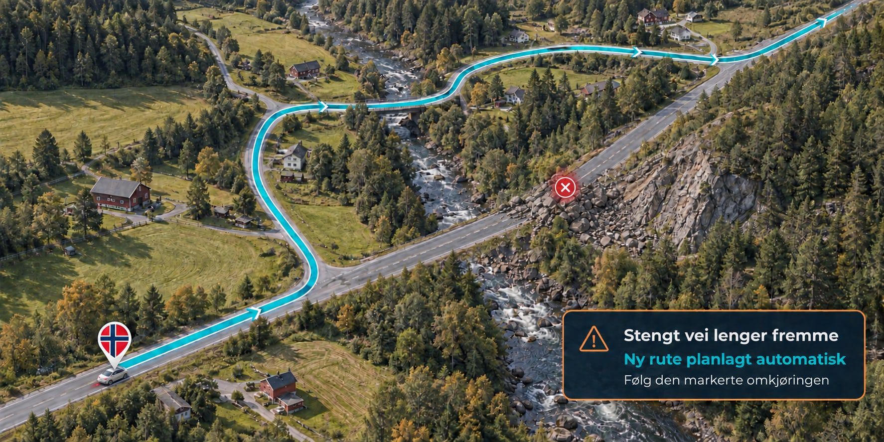 Luftfoto av en vei der et ras har stengt veien. Ruta går fra Vegferd-nåla på bilen, svinger av før raset og følger en omkjøring over brua og tilbake. Kortet i bildet sier: Stengt vei lenger fremme. Ny rute planlagt automatisk. Følg den markerte omkjøringen.